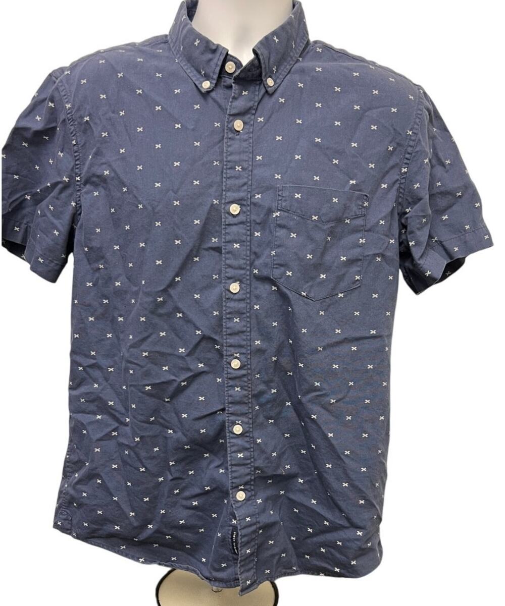 🔵 American Eagle L Blue Button-Up Shirt Mini Print Casual Modern Prep